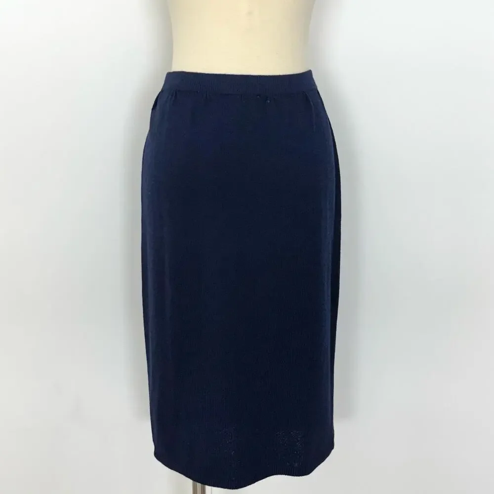 St. John Vintage Pencil Skirt Santana Knit Wool Blend Dark Navy Blue Size: 10
